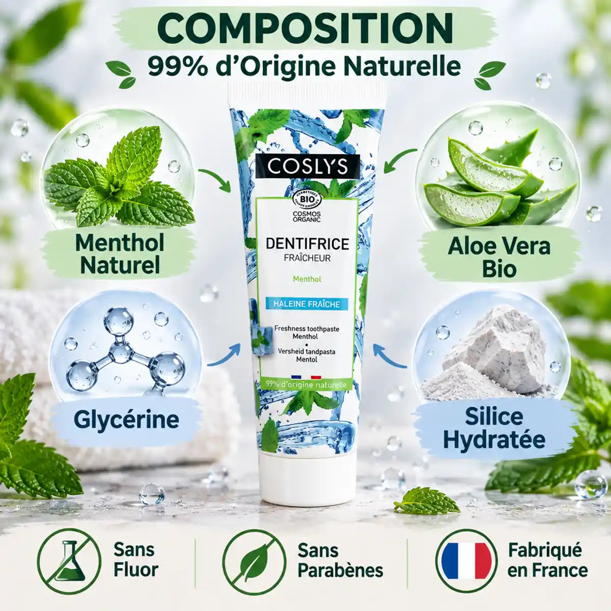 Dentifrice Menthol Coslys 75ml avec composition naturelle, sans fluor ni parabènes, fabriqué en France