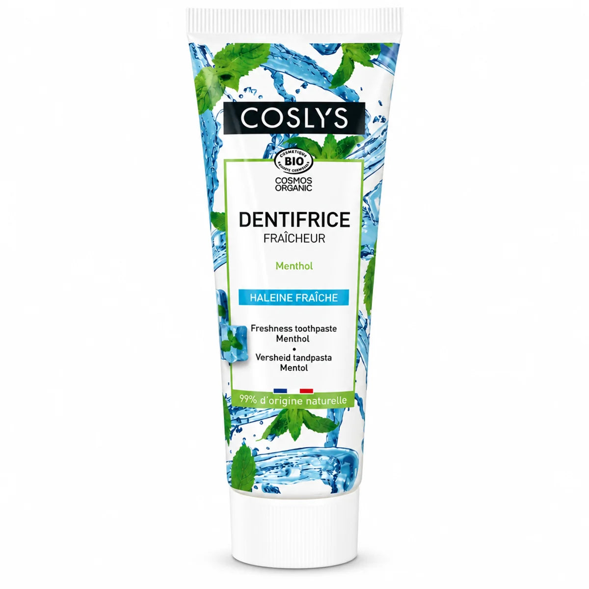 Tube dentifrice Coslys Menthol fraicheur 75ml avec bouchon blanc sur fond blanc