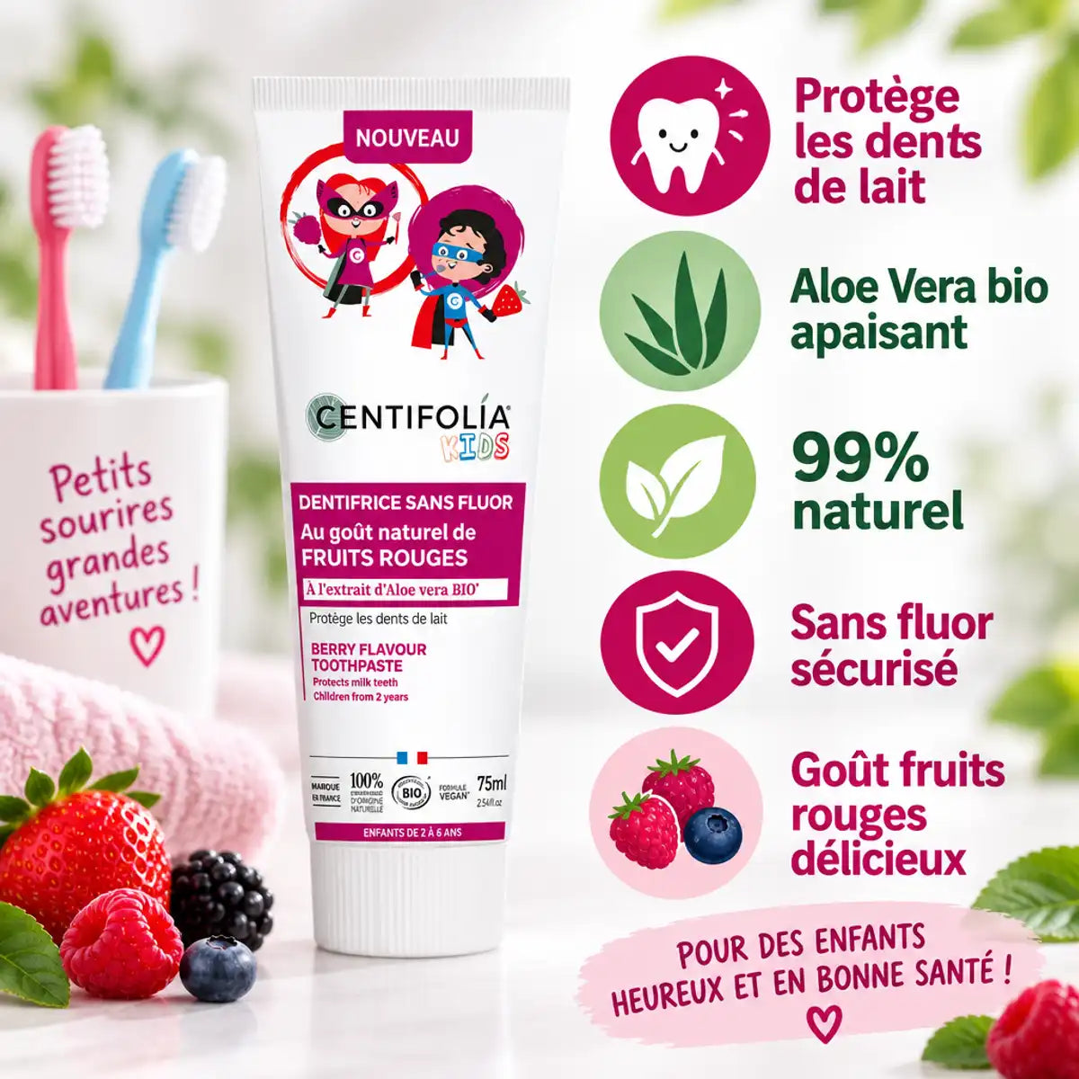 Dentifrice Fruits Rouges Centifolia 75ml enfants - tube blanc avec icônes bénéfices naturels et sans fluor