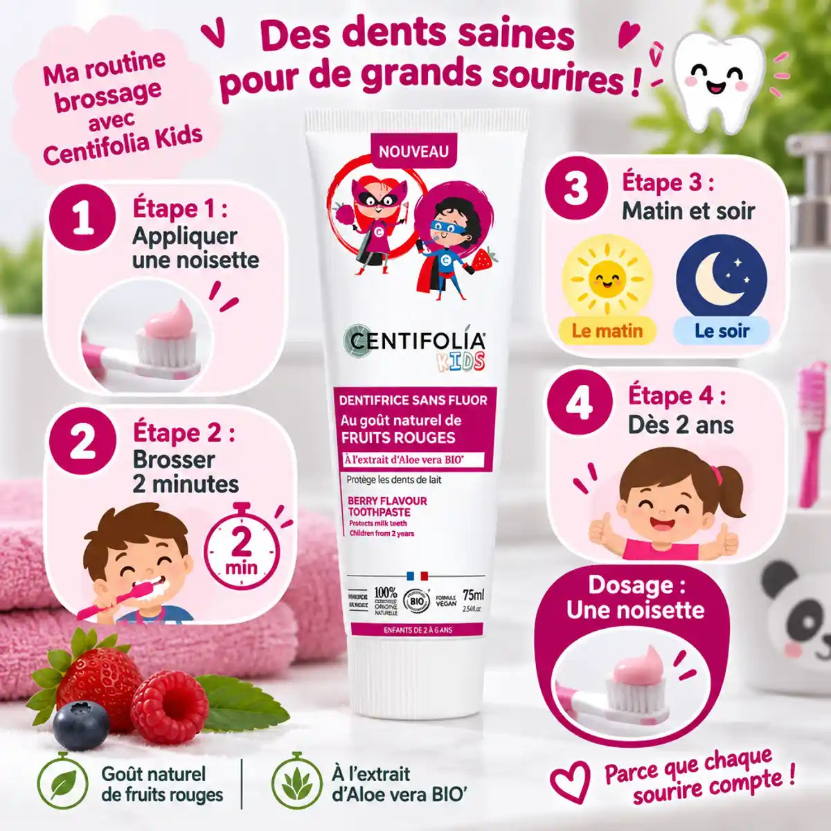 Dentifrice Fruits Rouges Centifolia 75ml avec guide de brossage pour enfants dès 2 ans