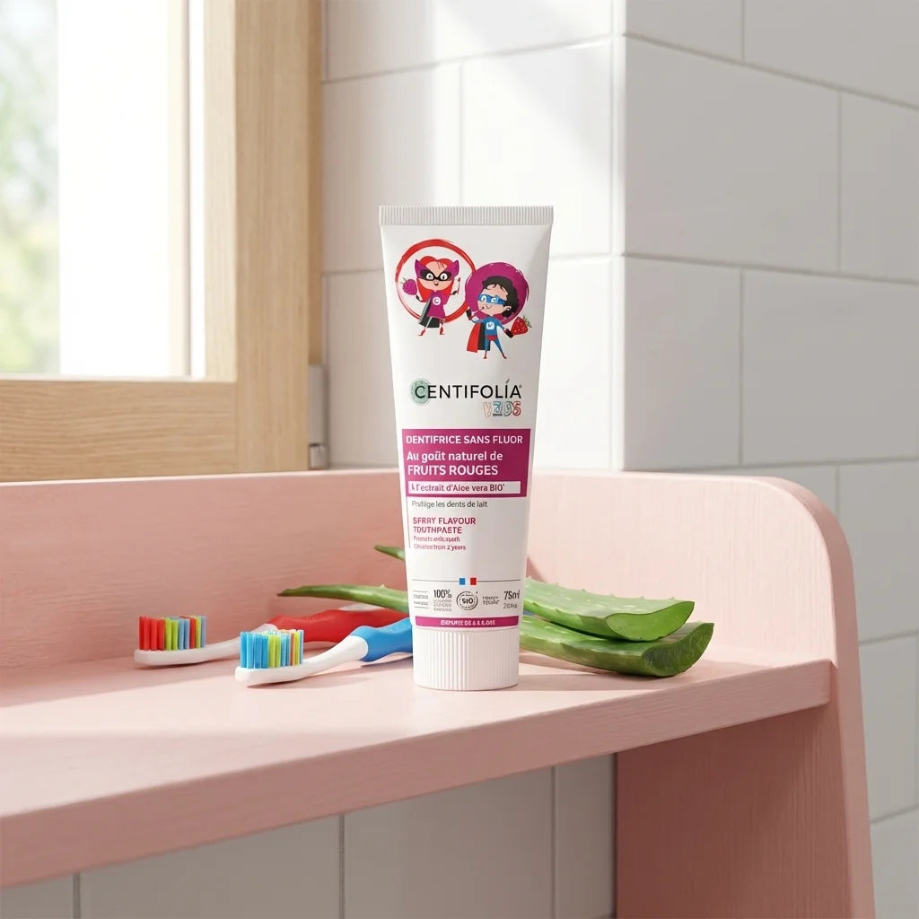Dentifrice Fruits Rouges Centifolia 75ml enfants sur étagère avec brosses à dents colorées