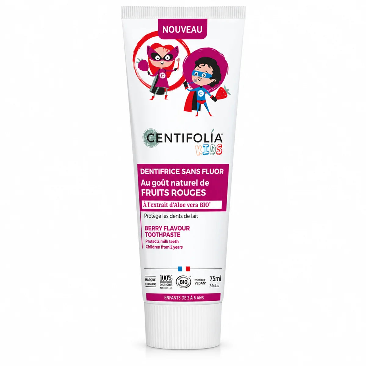 Dentifrice Fruits Rouges Centifolia 75ml pour enfants, tube blanc avec étiquette magenta