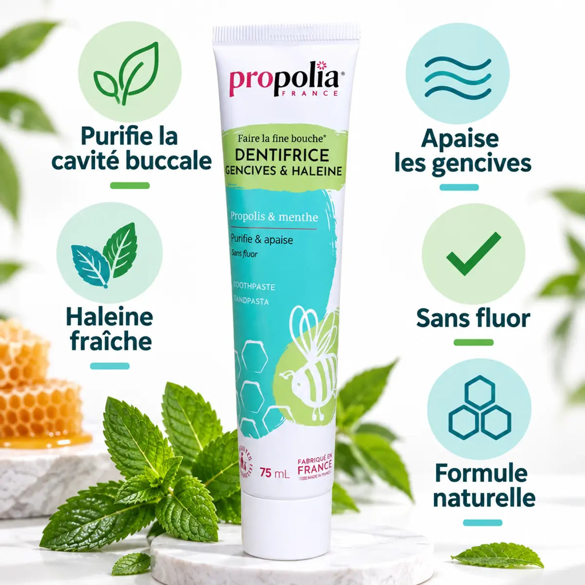 Dentifrice Propolia 75ml à la propolis - Tube turquoise avec bénéfices naturels et sans fluor