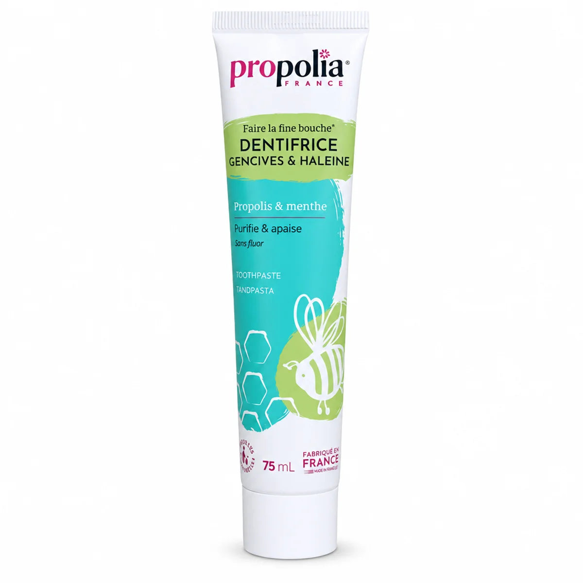 Dentifrice Gencives & Haleine Propolia 75ml tube blanc-turquoise avec illustration abeille