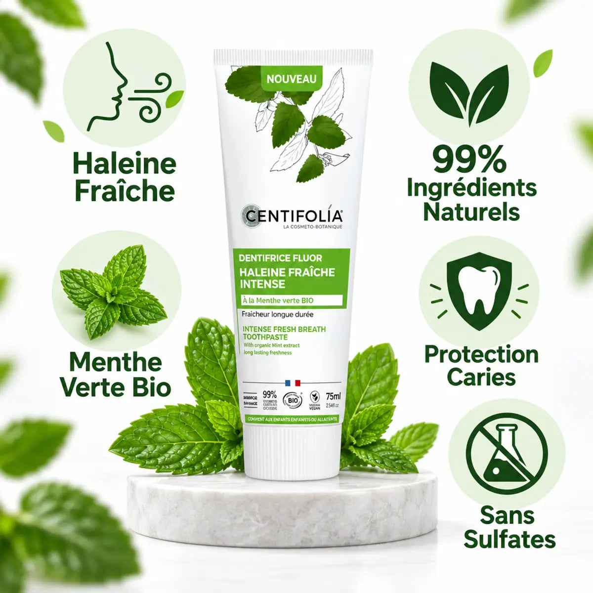 Dentifrice Haleine Fraîche Centifolia 75ml avec ses 5 bénéfices clés: ingrédients naturels, menthe bio, protection caries