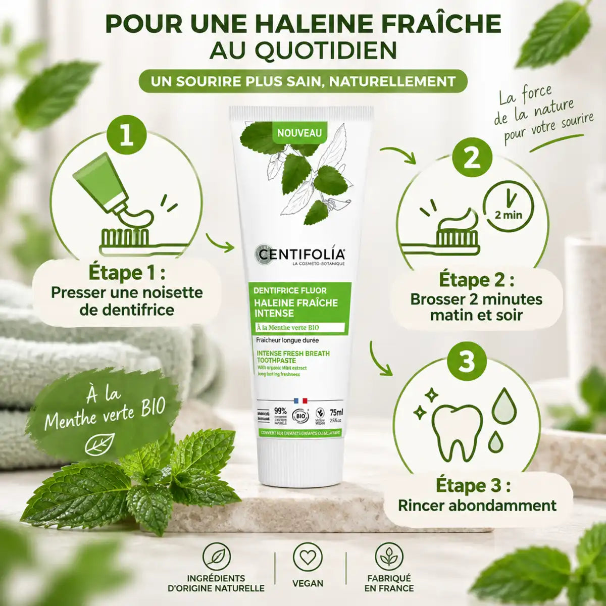 Dentifrice Haleine Fraîche Centifolia 75ml avec guide d'utilisation en 3 étapes et icônes de brossage dentaire