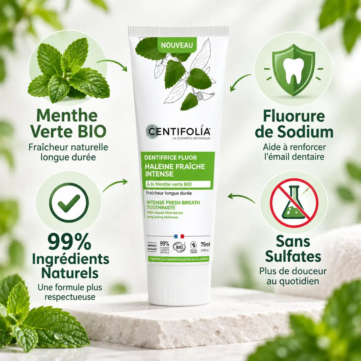 Dentifrice Haleine Fraîche Centifolia 75ml avec ingrédients naturels et menthe bio