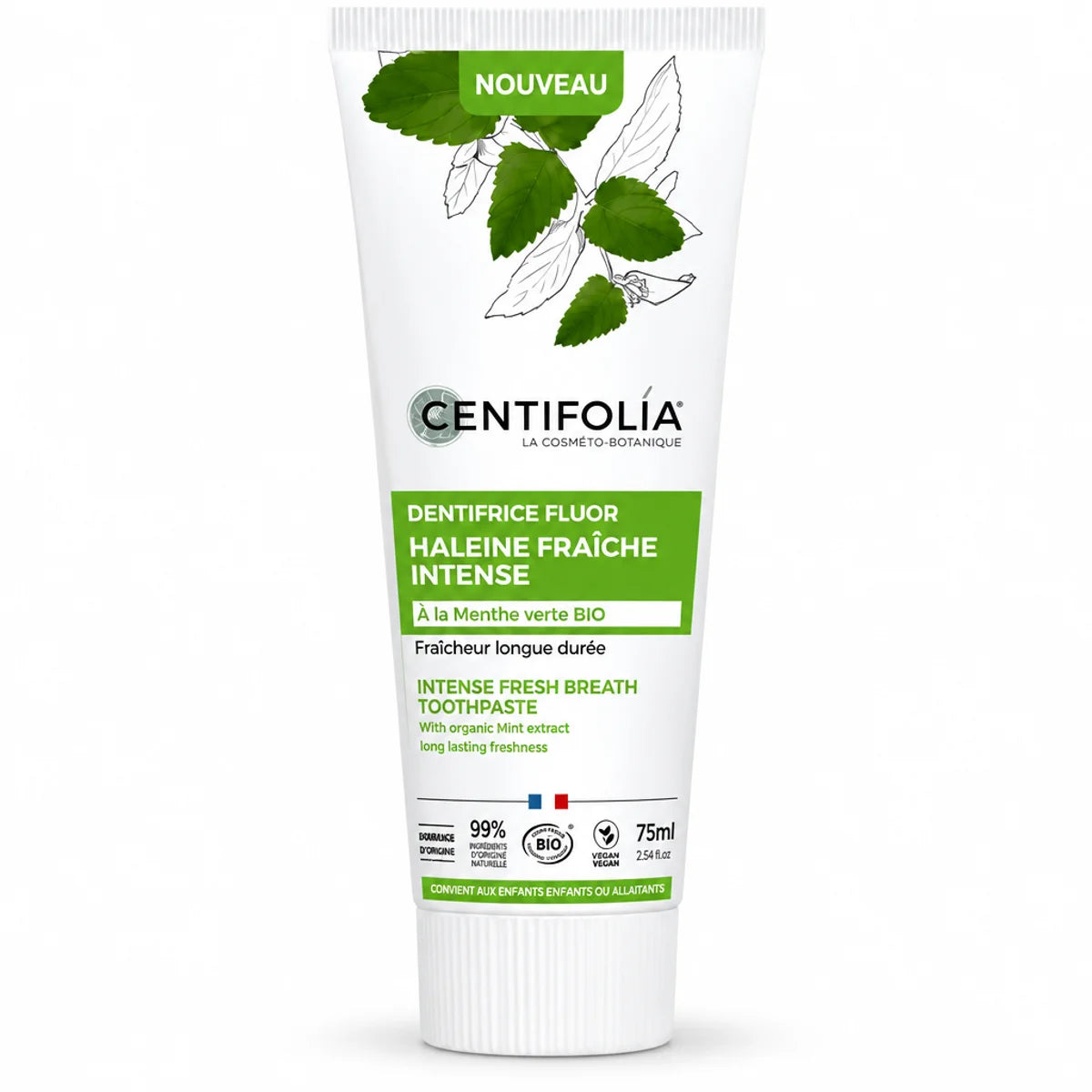 Tube de dentifrice Haleine Fraîche Centifolia 75ml blanc et vert menthe sur fond blanc