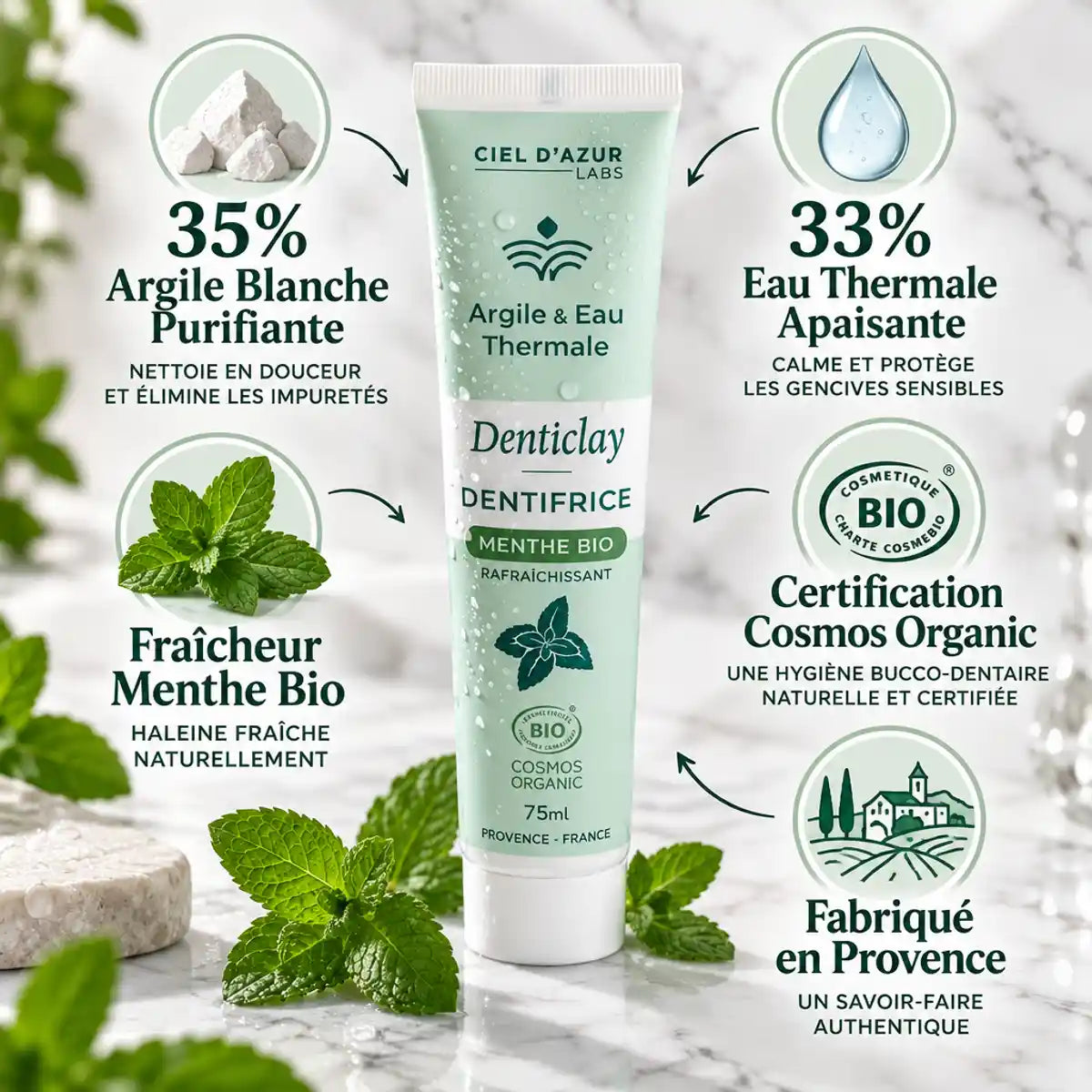 Dentifrice menthe bio 75ml Ciel d'Azur Labs avec argile blanche et eau thermale sur marbre
