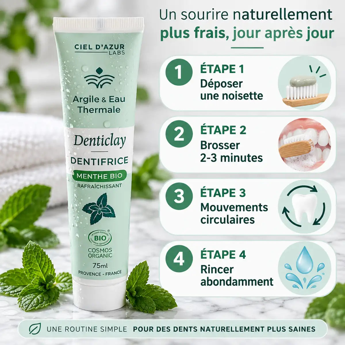 Dentifrice menthe bio 75ml avec guide d'application en 4 étapes - Argile et eau thermale