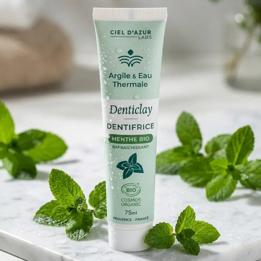 Dentifrice menthe bio 75ml Argile Eau Thermale sur marbre avec feuilles menthe fraîche