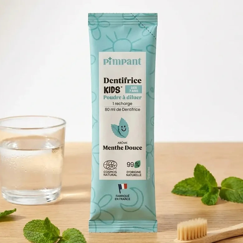 Dentifrice menthe douce kids Pimpant en poudre à diluer avec verre d'eau et brosse enfant