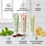 Dentifrice Meswak Ayurvédique Kerala Nature 3 saveurs mint épice citron avec ingrédients naturels