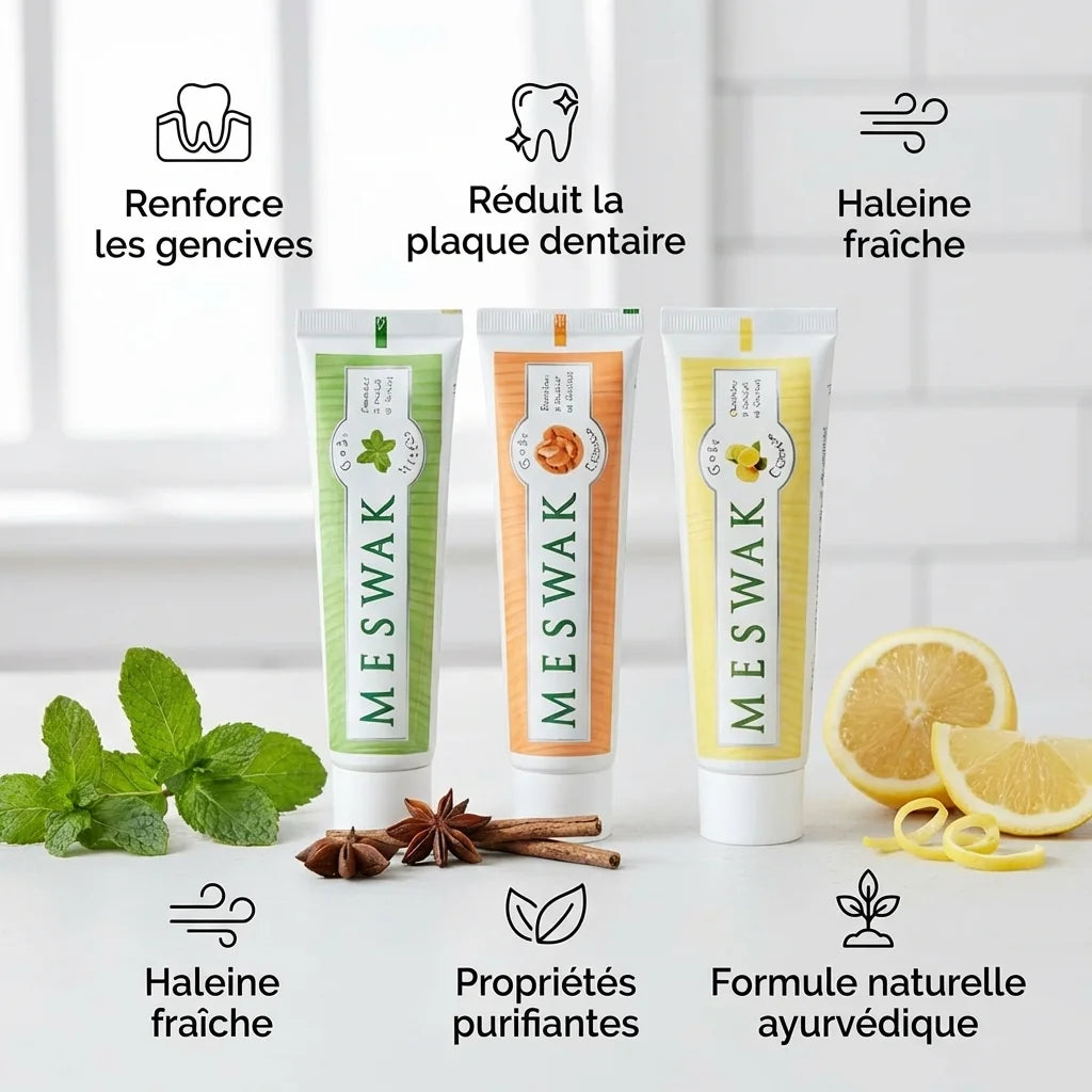 Dentifrice Meswak Ayurvédique Kerala Nature 3 saveurs mint épice citron avec ingrédients naturels