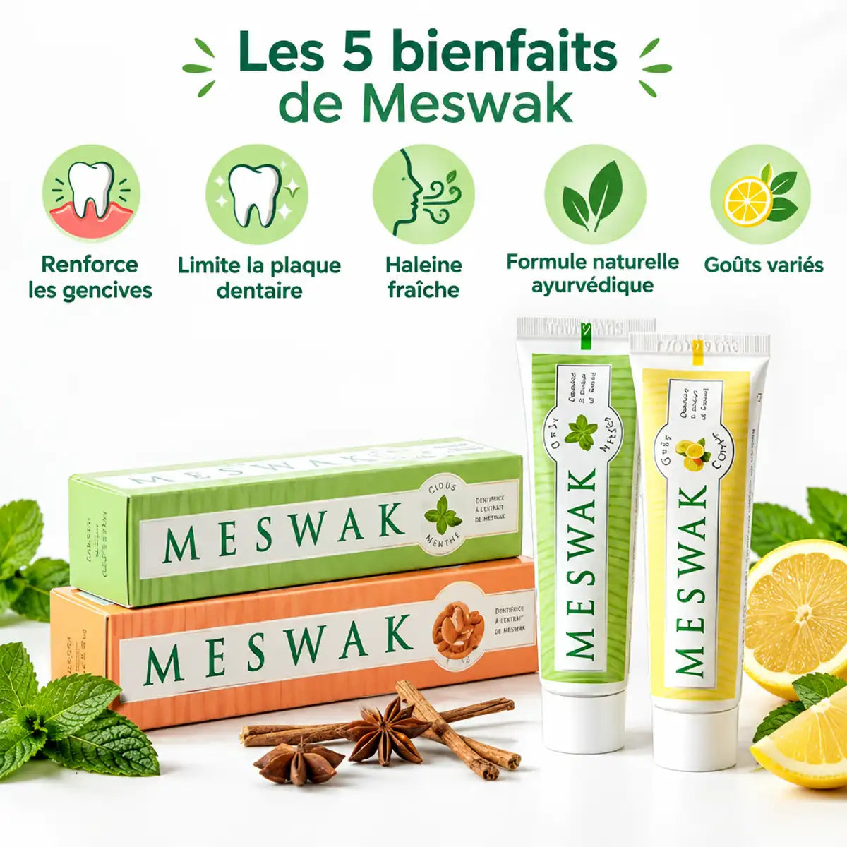 Dentifrice Meswak ayurvédique Kerala Nature, tubes menthe citron avec bénéfices naturels