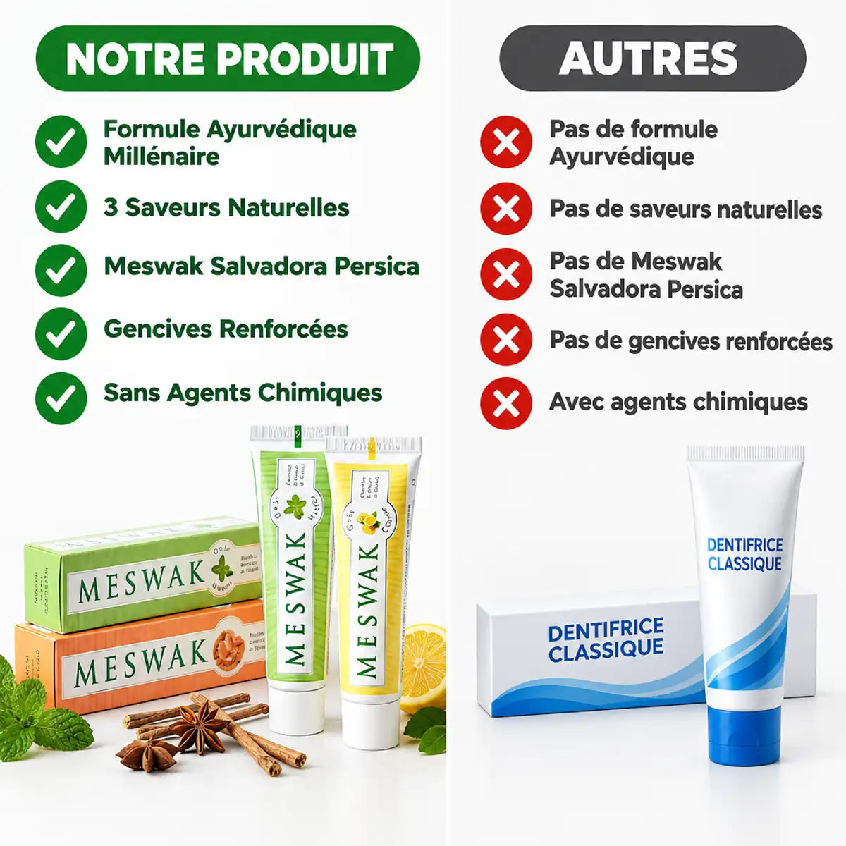 Comparaison dentifrice Meswak ayurvédique Kerala Nature vs alternatives - formule naturelle sans agents chimiques