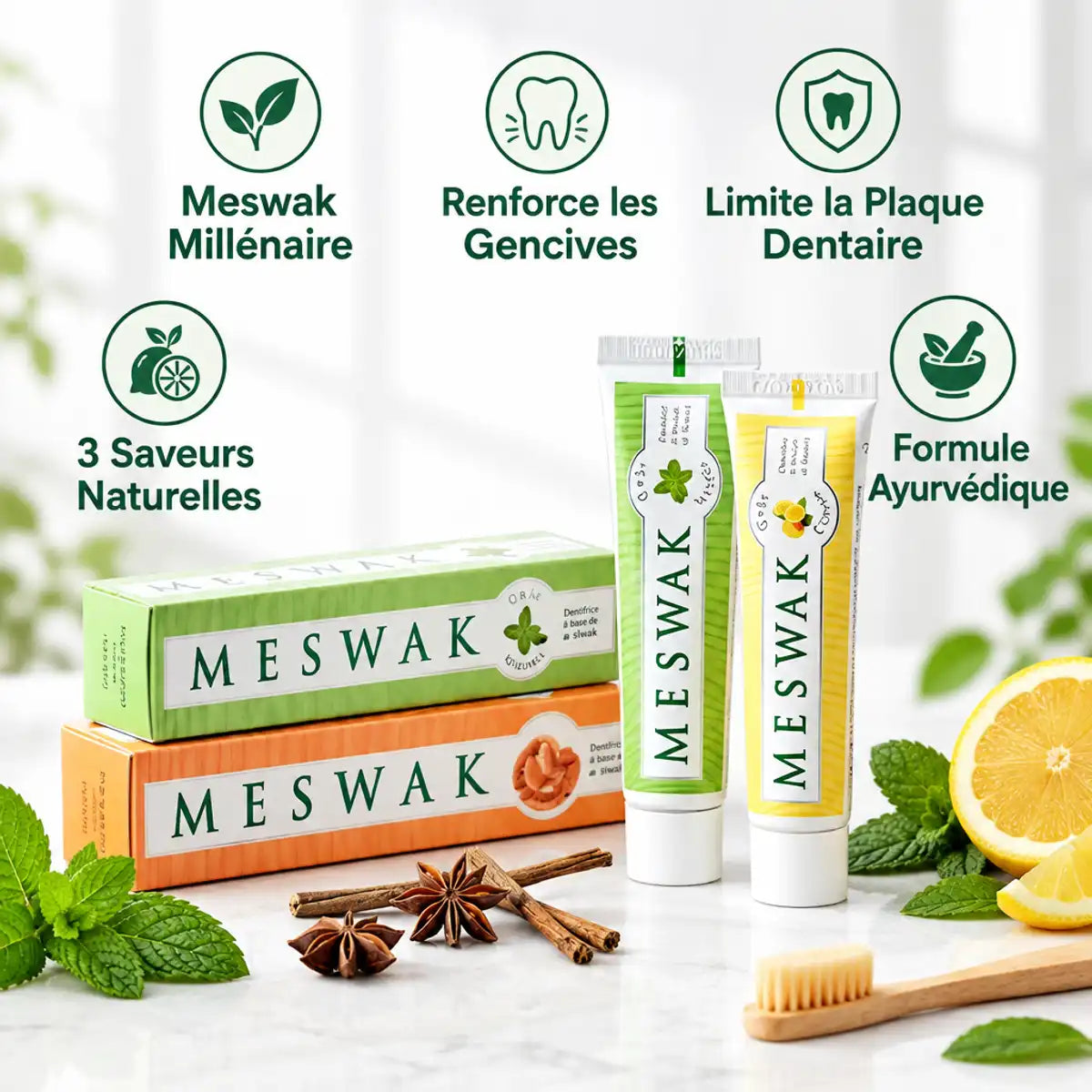 Dentifrice Meswak Ayurvédique Kerala Nature 3 saveurs - tubes mint et citron avec ingrédients naturels