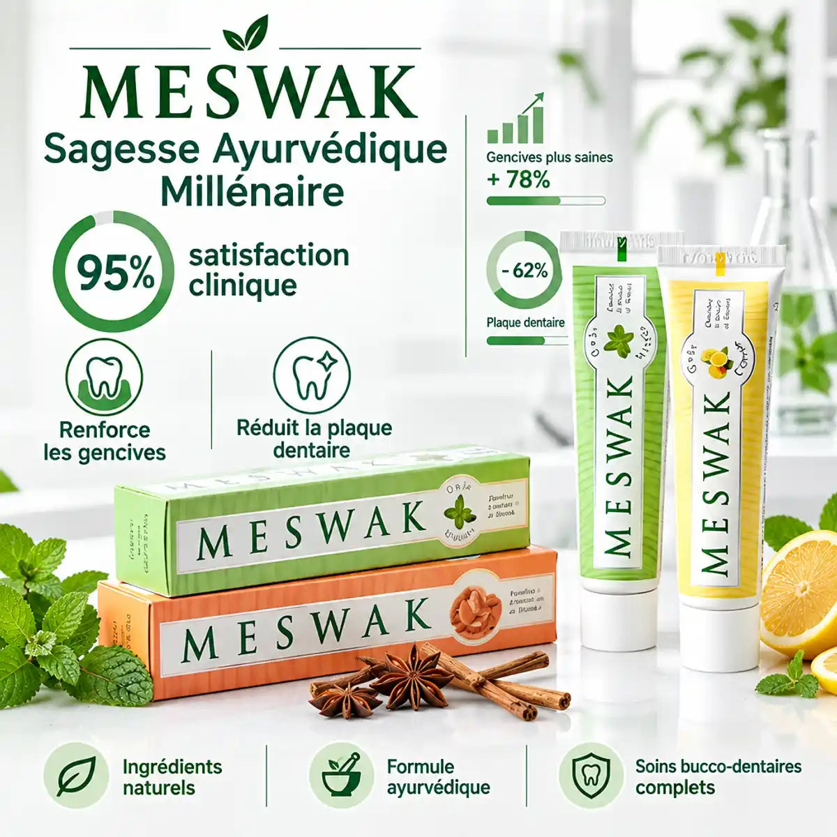 Tubes dentifrice Meswak Ayurvédique saveurs menthe et citron Kerala Nature avec résultats cliniques