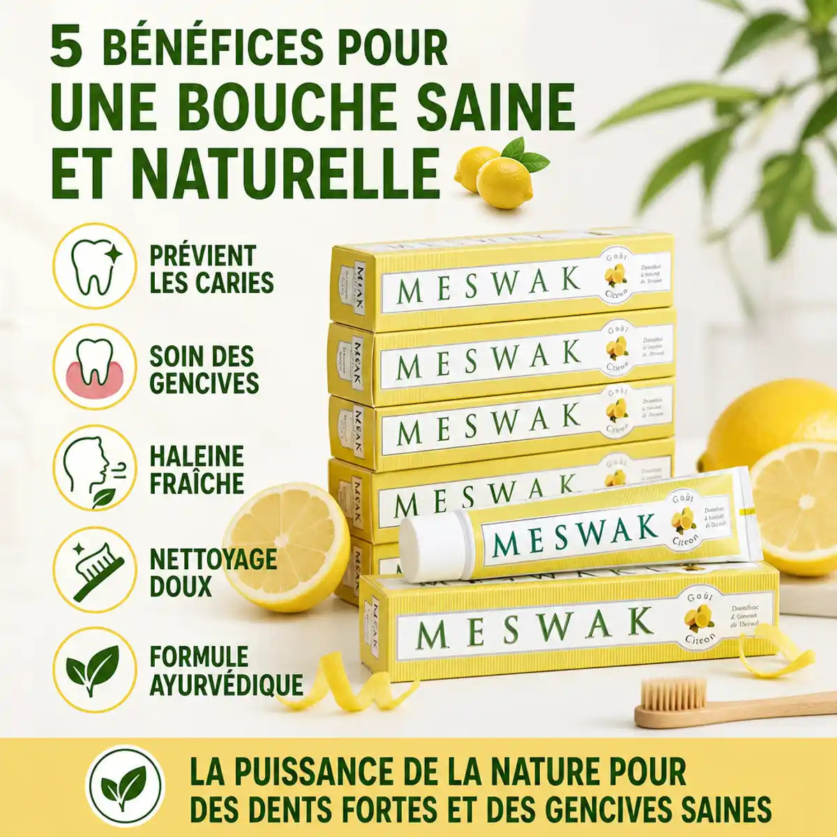 Dentifrice Meswak ayurvédique citron 100g avec bénéfices : caries, gencives, haleine fraîche
