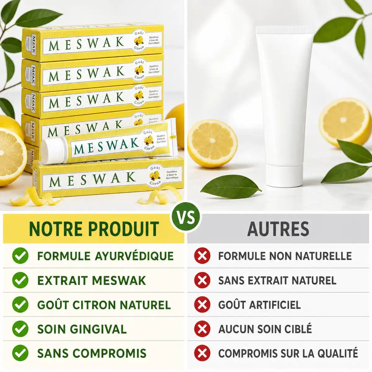 Dentifrice Meswak ayurvédique citron Kerala Nature comparé aux autres marques - tube blanc