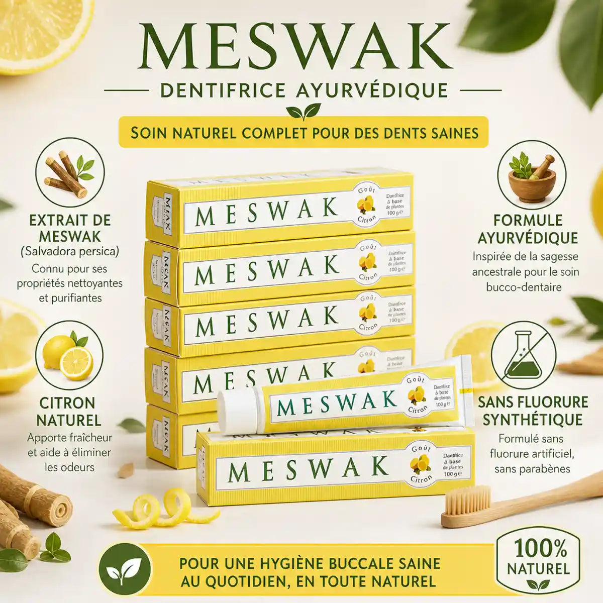 Dentifrice Meswak ayurvédique citron 100g Kerala Nature avec ingrédients naturels sans fluorure