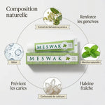 Dentifrice Meswak menthe Kerala Nature 100g avec ingrédients naturels Salvadora persica sur fond blanc