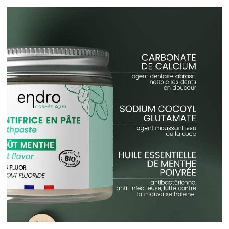 Les ingrédients du Un dentifrice en pâte goût menthe de 100 ml de la marque Endro et leurs bienfaits respectifs
