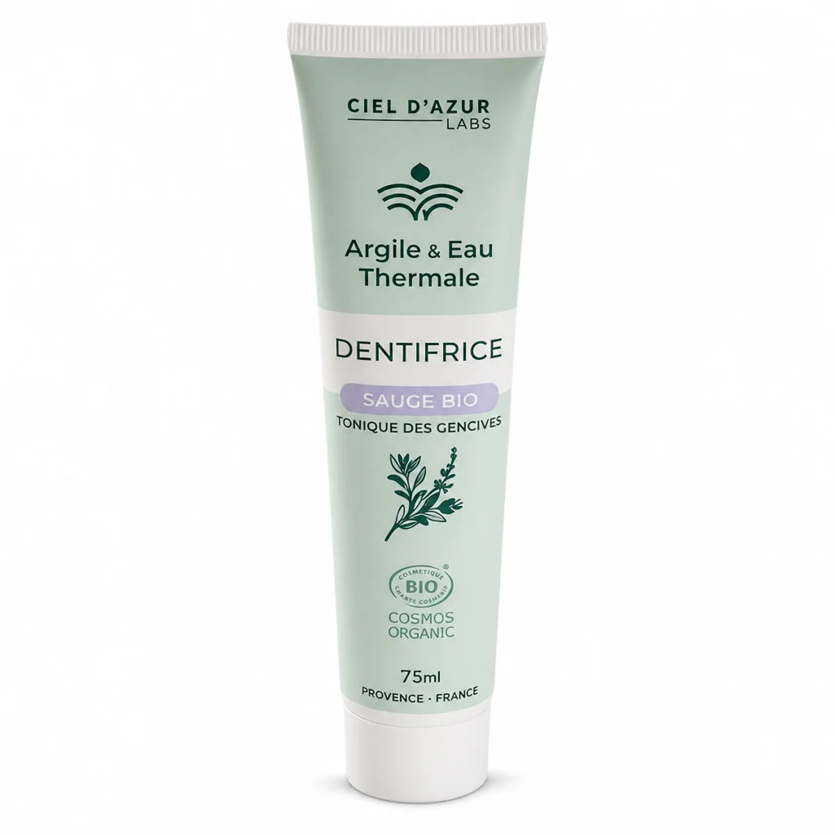 Tube dentifrice sauge bio 75ml argile eau thermale certification bio fond blanc