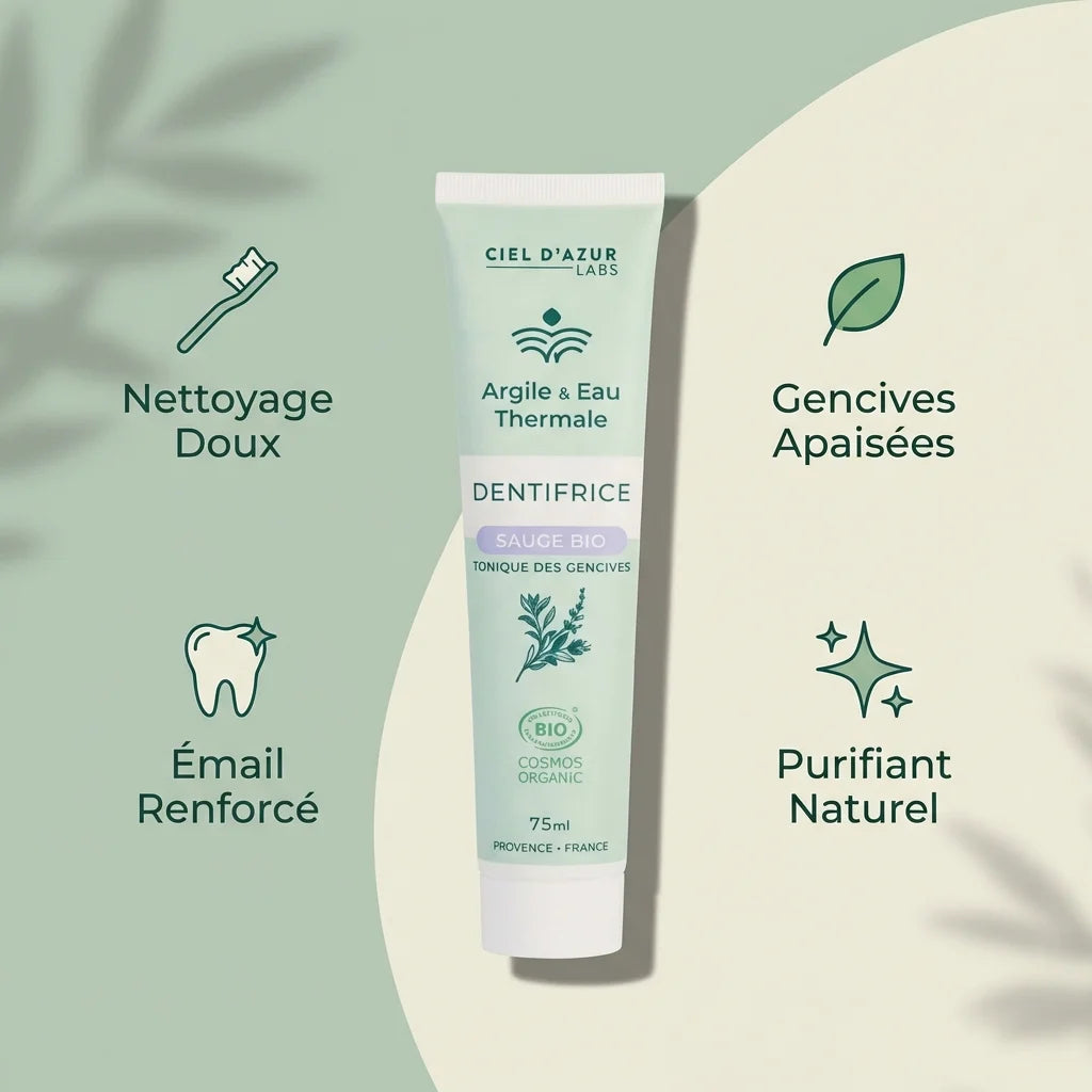 Dentifrice Sauge bio 75ml avec argile et eau thermale - nettoyage doux, gencives apaisées, émail renforcé