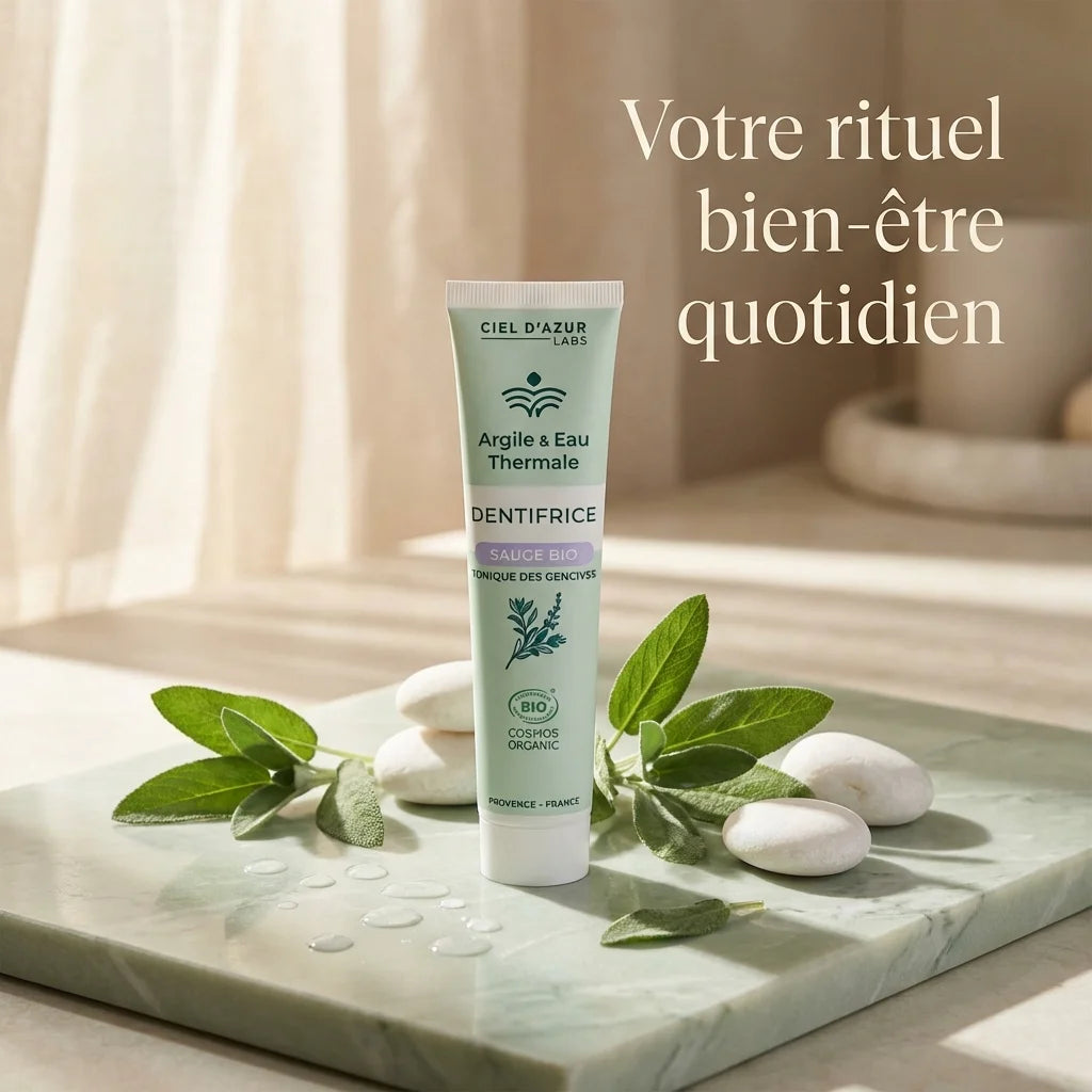 Dentifrice Sauge bio 75ml en tube blanc sur marbre, feuilles de sauge fraîches et pierres blanches