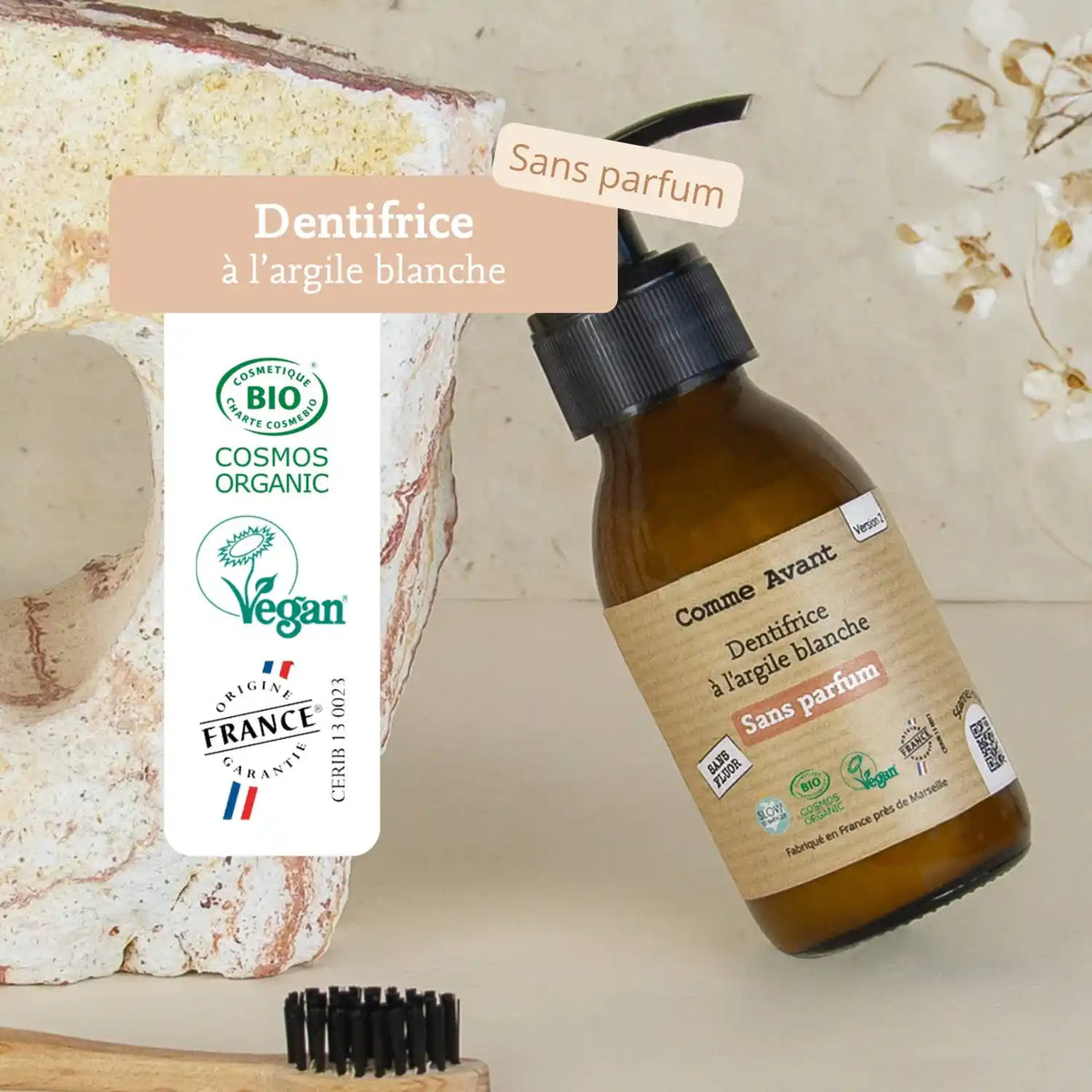 Les labels du dentifrice à l'argile blanche sans fluor de 180 ml Comme Avant
