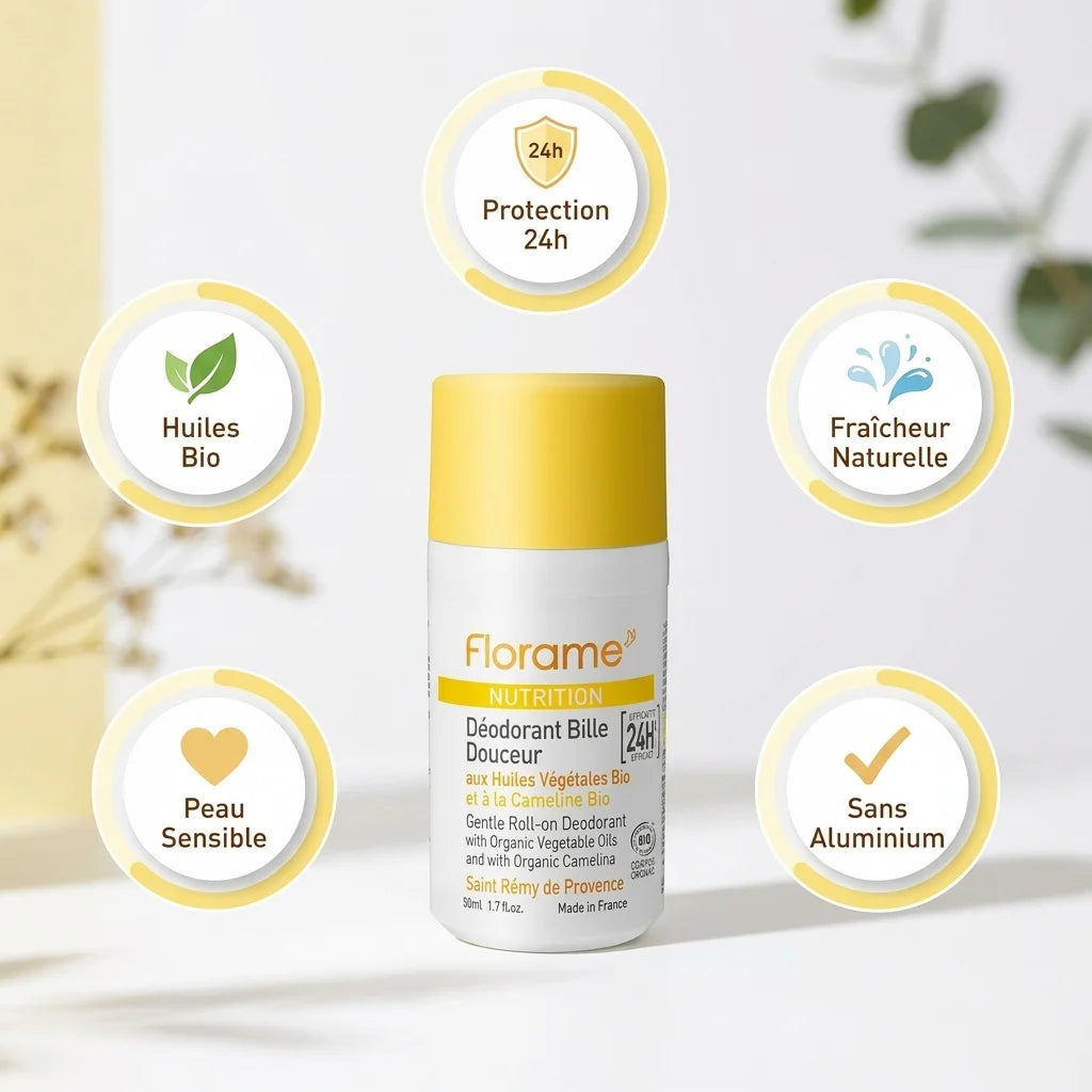Déodorant Bille Bio Florame 50ml avec bénéfices : protection 24h, sans aluminium, peaux sensibles