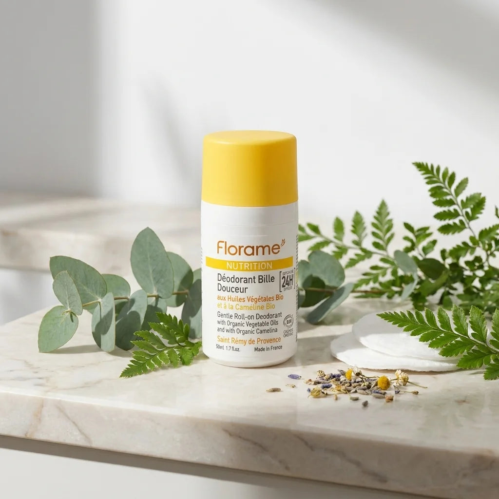 Déodorant bille Florame bio 50ml sur vanité marbre avec éléments botaniques naturels