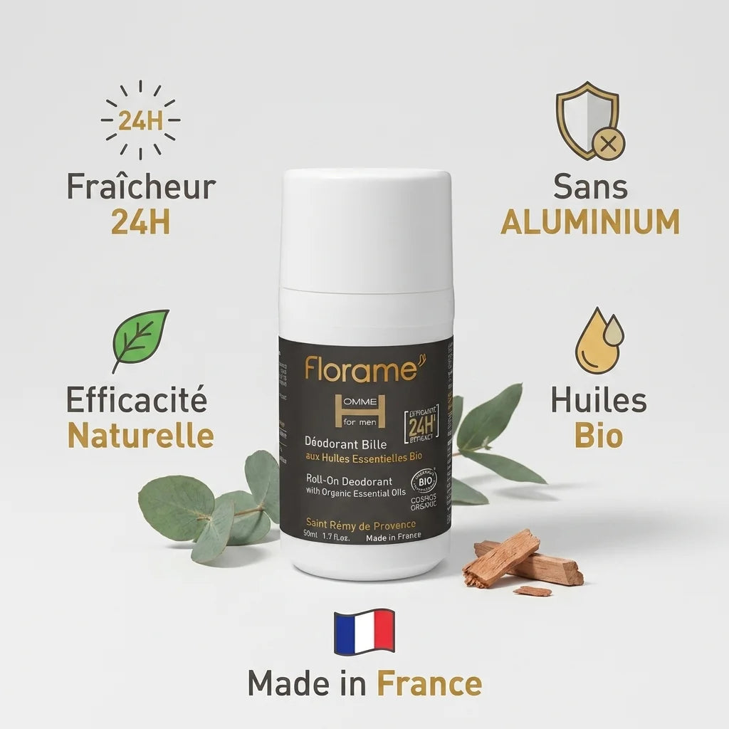 Déodorant bille bio Florame 50ml avec bénéfices : fraîcheur 24h, sans aluminium, efficacité naturelle