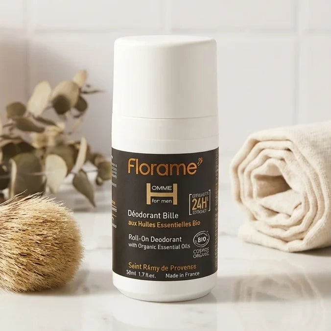 Déodorant bille homme bio Florame 50ml blanc et noir sur marbre blanc