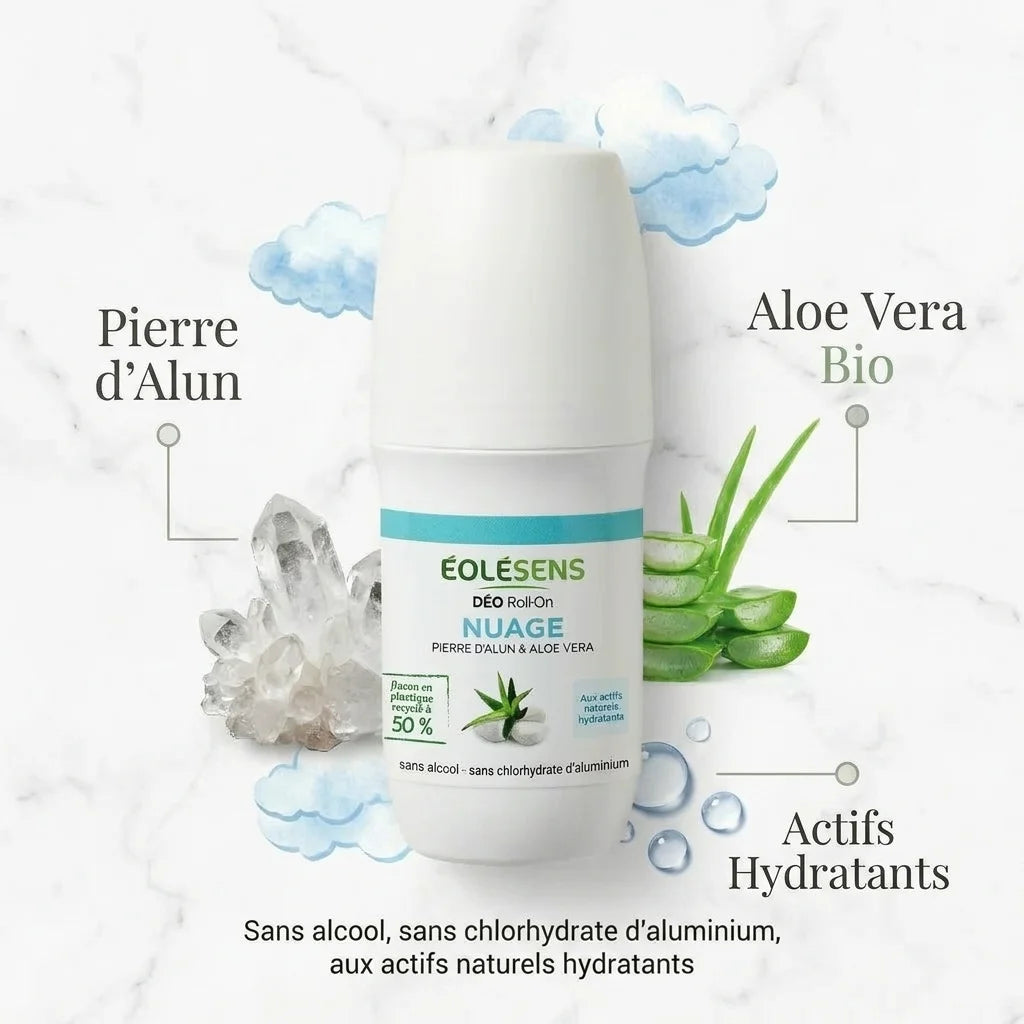 Déodorant bio Eolesens Nuage roll-on avec ingrédients naturels Pierre d'Alun et Aloe Vera