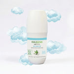 Déodorant bio Eolesens Nuage roll-on sur fond blanc avec nuages pastels bleus