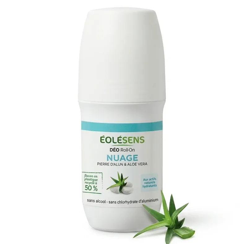 Déodorant bio Eolesens Nuage roll-on blanc avec bande turquoise sur fond blanc