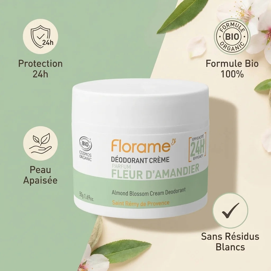 Déodorant crème bio Florame fleur d'amandier 50g avec certification Cosmos et infographie avantages