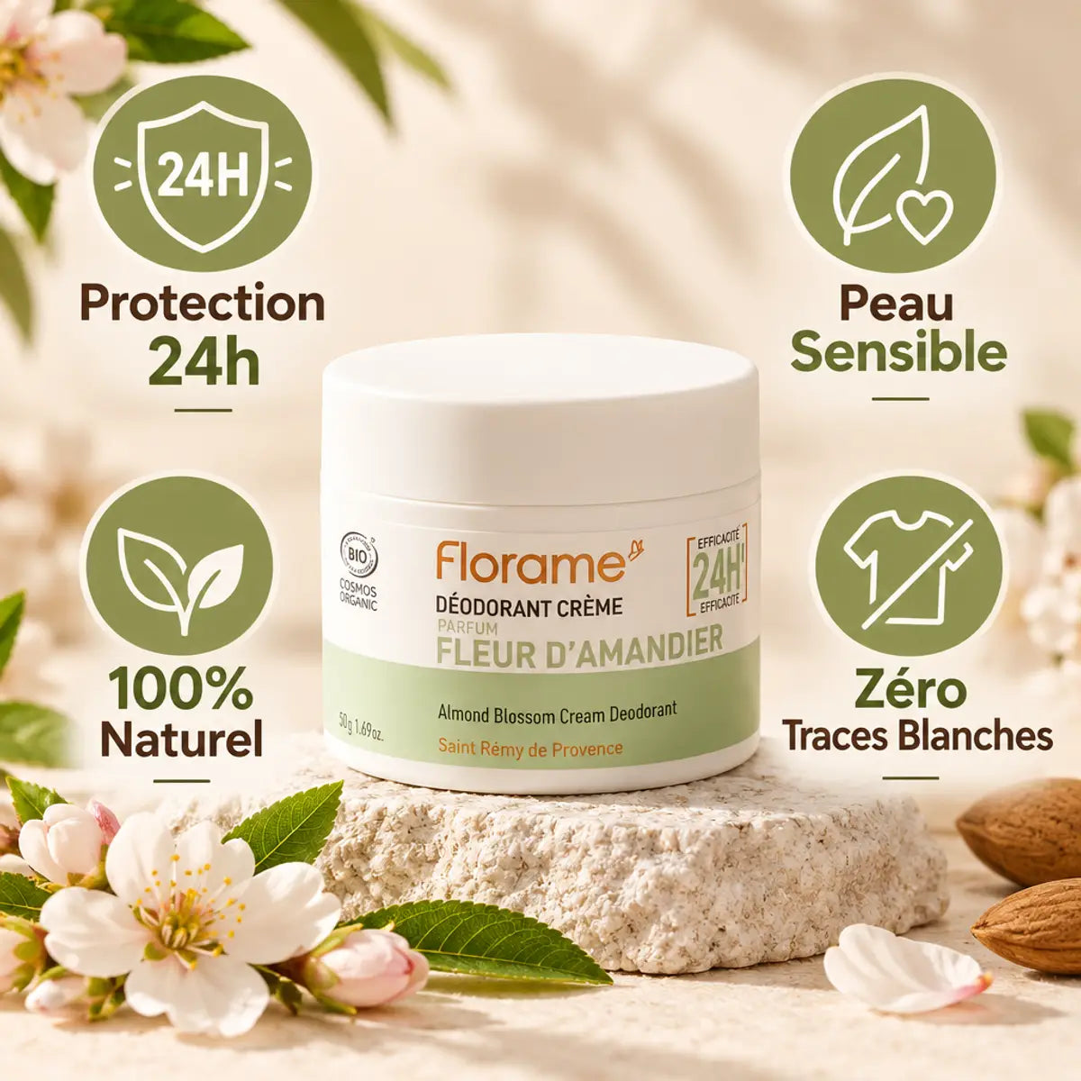 Déodorant crème Fleur d'Amandier bio Florame 50g avec bénéfices naturels et protection 24h