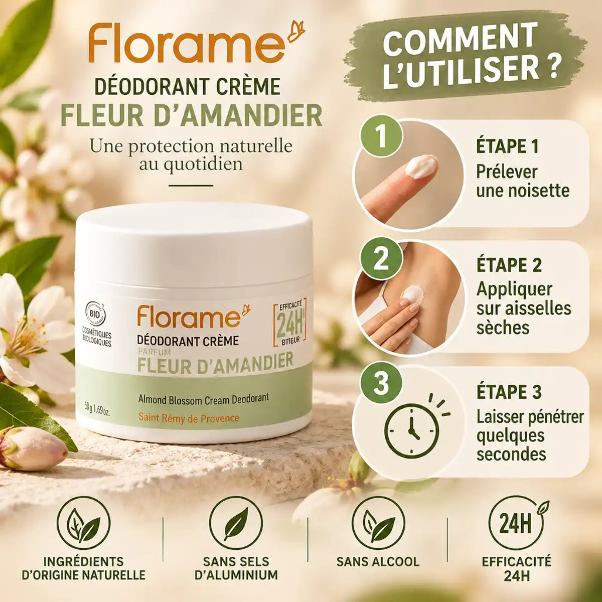 Déodorant crème bio Fleur d'Amandier Florame 50g avec guide d'utilisation en 3 étapes