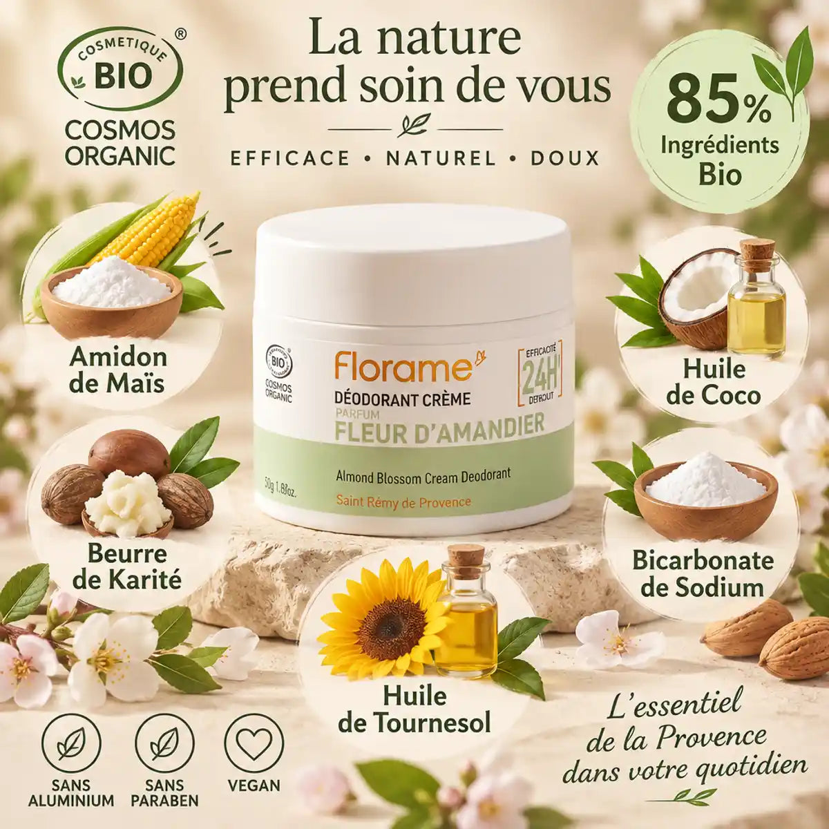 Déodorant crème Fleur d'Amandier Bio Florame 50g avec ingrédients naturels
