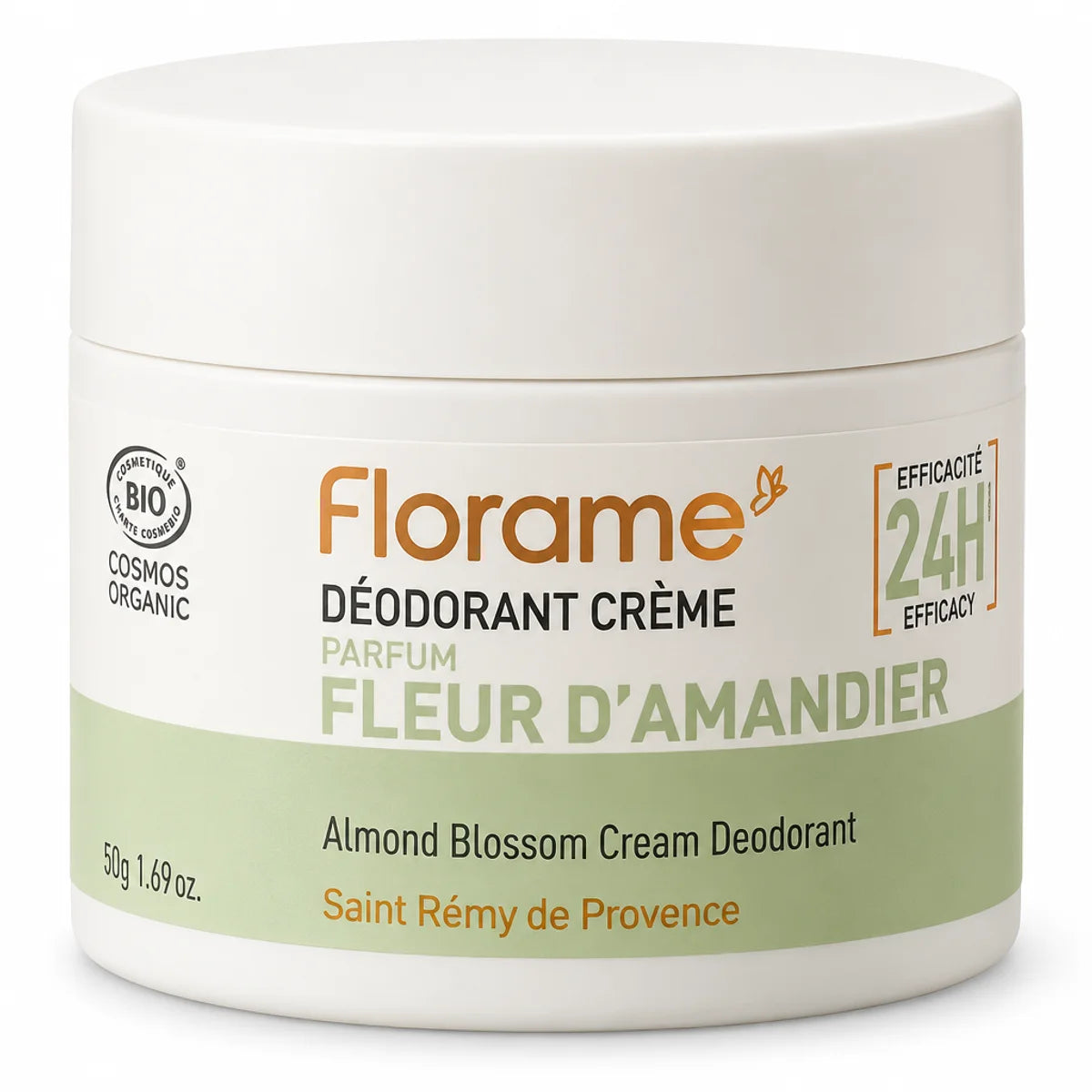Déodorant Crème Fleur d'Amandier Bio Florame 50g pot blanc et vert