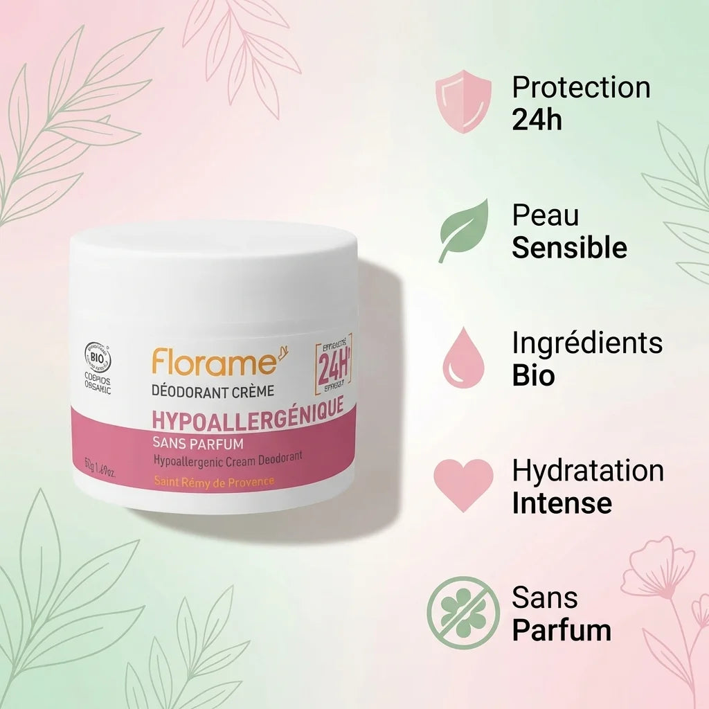 Déodorant crème bio Florame 50g avec bénéfices: protection 24h, peau sensible, ingrédients bio, hydratation