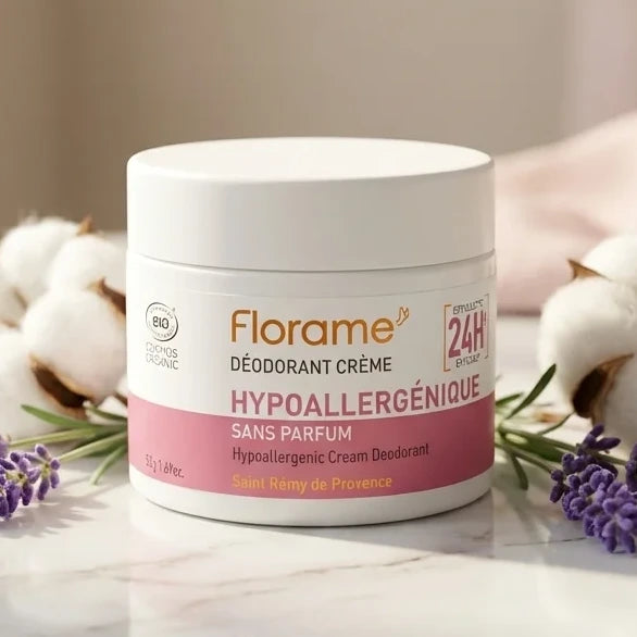 Déodorant crème bio hypoallergénique Florame 50g avec lavande sur marbre