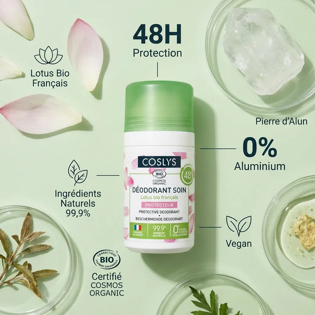 Déodorant Lotus bio Coslys 50ml avec ingrédients naturels et pierre d'alun, certifié Cosmos Organic