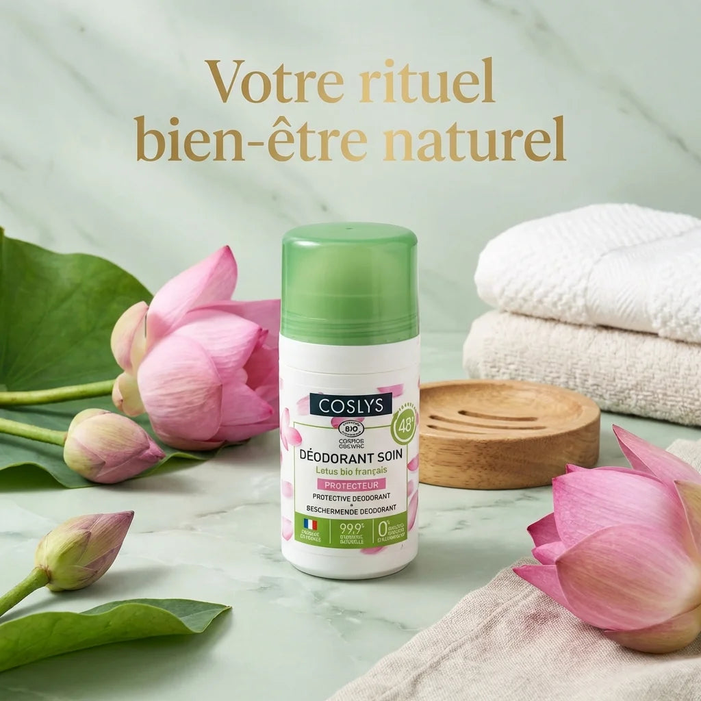 Déodorant Lotus bio Coslys 50ml avec fleurs botaniques et packaging green cap sur fond blanc minimaliste