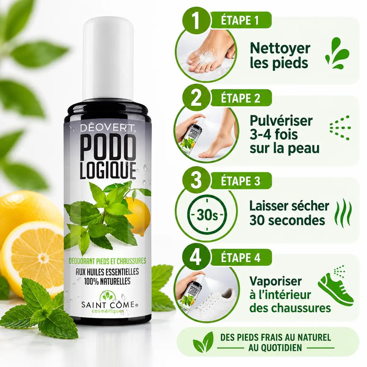 Déovert déodorant pieds chaussures 100ml avec guide d'utilisation en 4 étapes