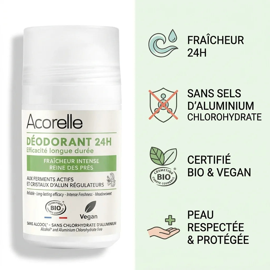 Déodorant roll-on Acorelle 24h bio sans aluminium avec bénéfices fraîcheur intense et respect peau