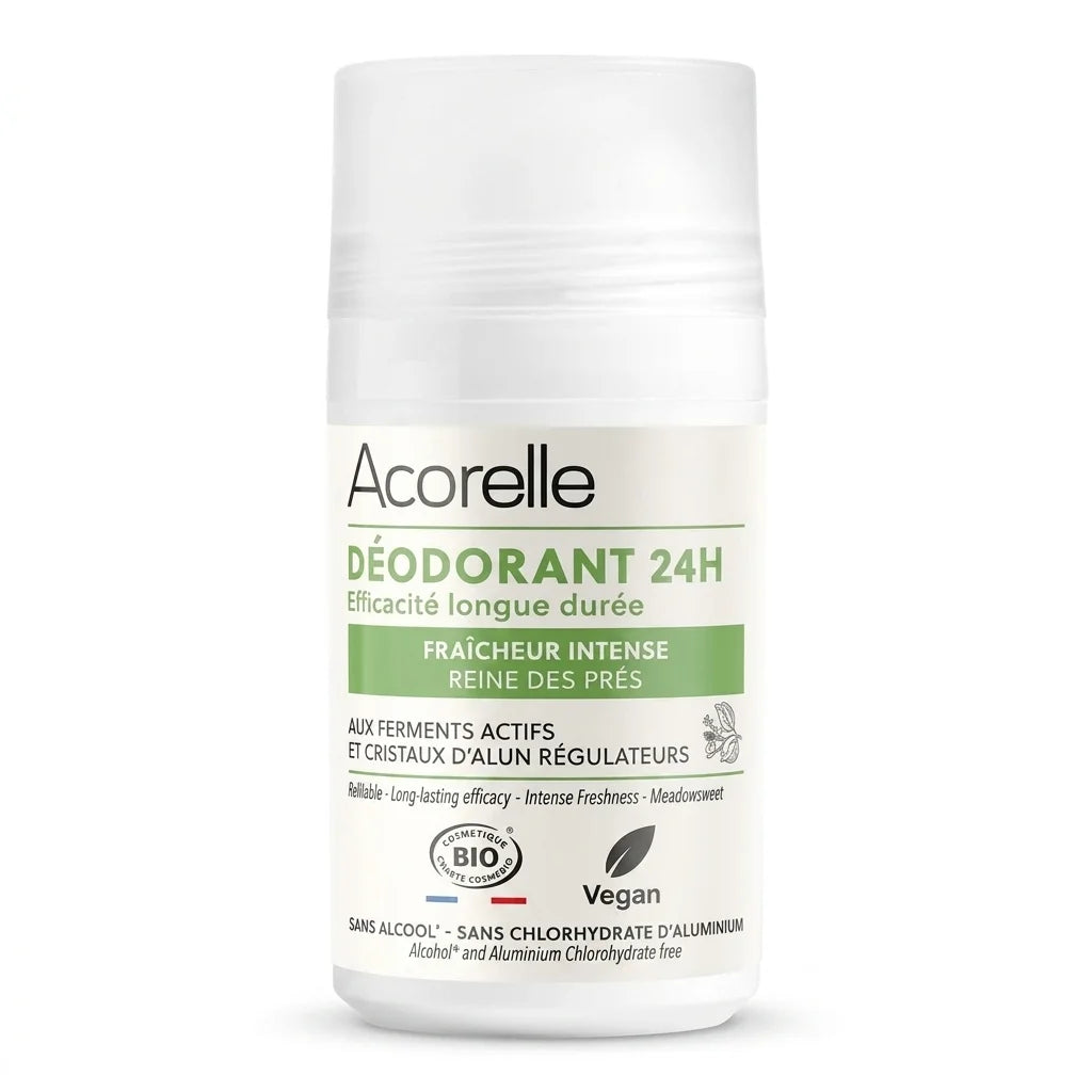 Déodorant roll-on 24h bio Acorelle fraîcheur intense 50ml certifié vegan fond blanc